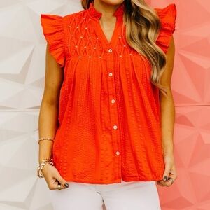 THML NWT Norah Button Down Top‎ Orange Embroidered Flutter Sleeve Sz L Boho